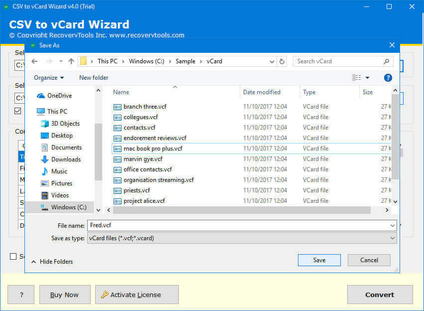 how to convert vcard to csv